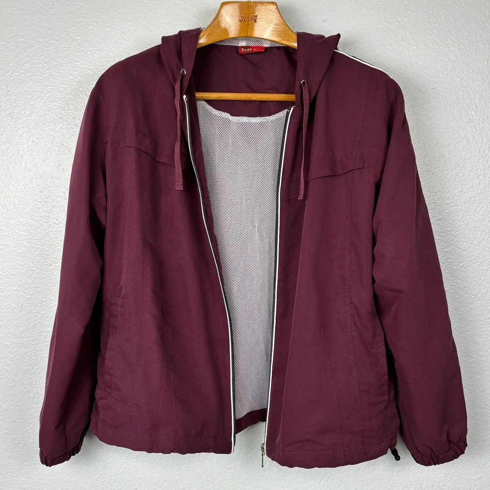 East West‎ Women's Burgundy Hooded Zip Jacket XL Mesh Lined Windbreaker